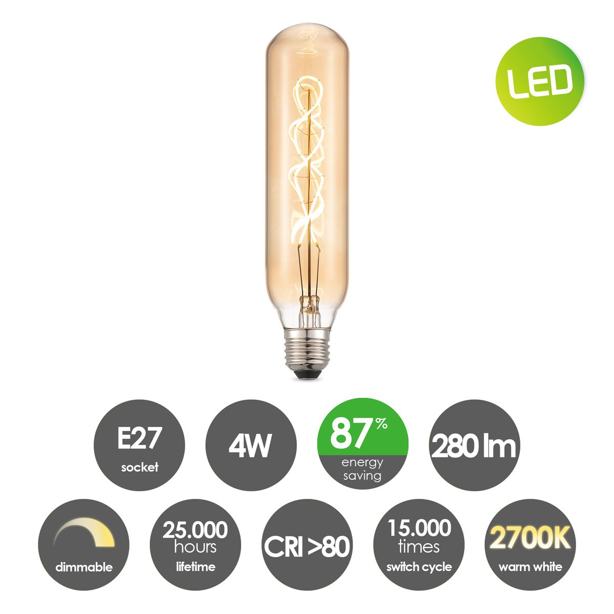Home Sweet Home dimmable LED tube spiral E27 4W 280Lm 2700K amber