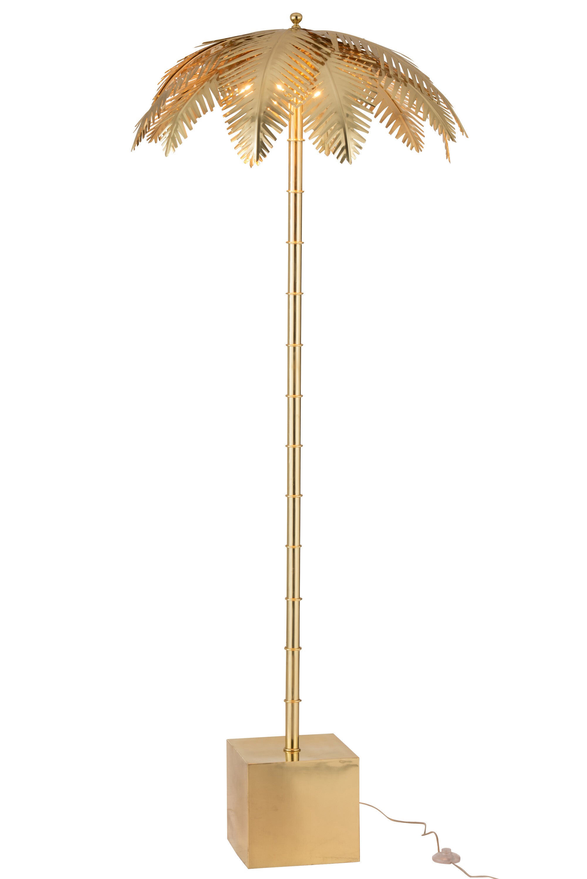 Exquisite Goldene Stehleuchte aus Kokosblättern und Stahl - Tropisches Flair für Modernes Wohnen