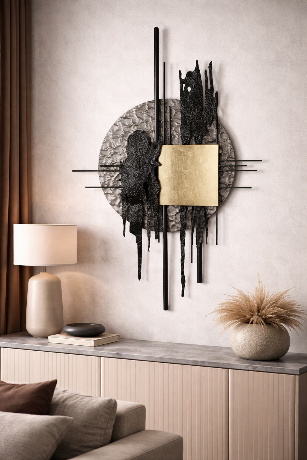 Wandrelief Meteor aus Metall in gold und schwarz modernes Wandobjekt 180cm