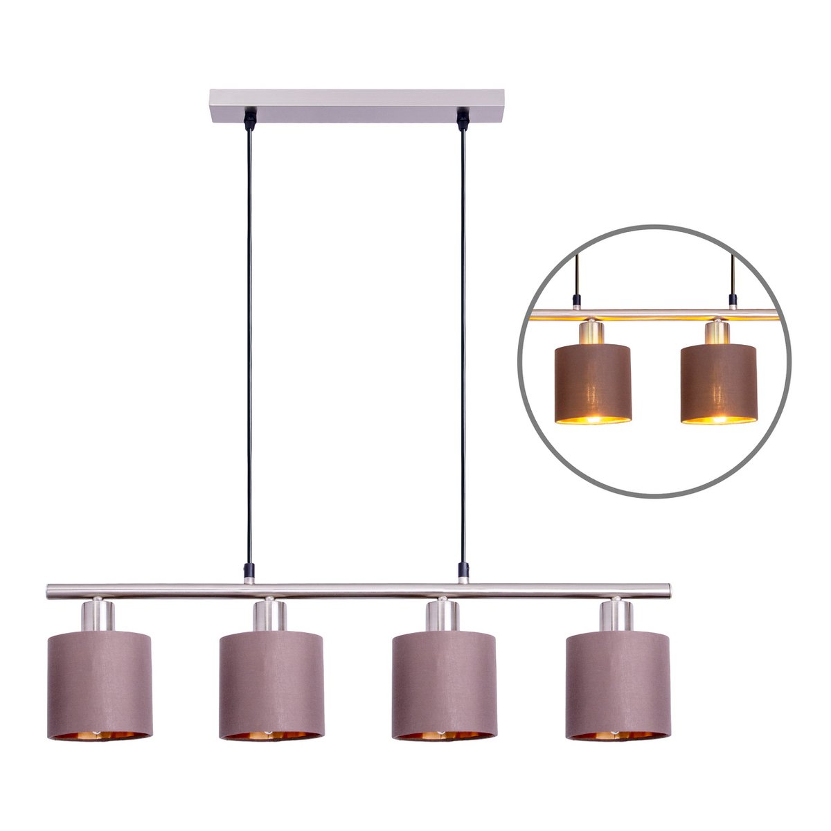 4er Pendelleuchte "MARON" aus Metall satiniert-matt mit Stoffschirmen in Braun, mit E14-Fassung, Lampe für Wohnzimmer oder Esszimmer,71,5 x 12 cm