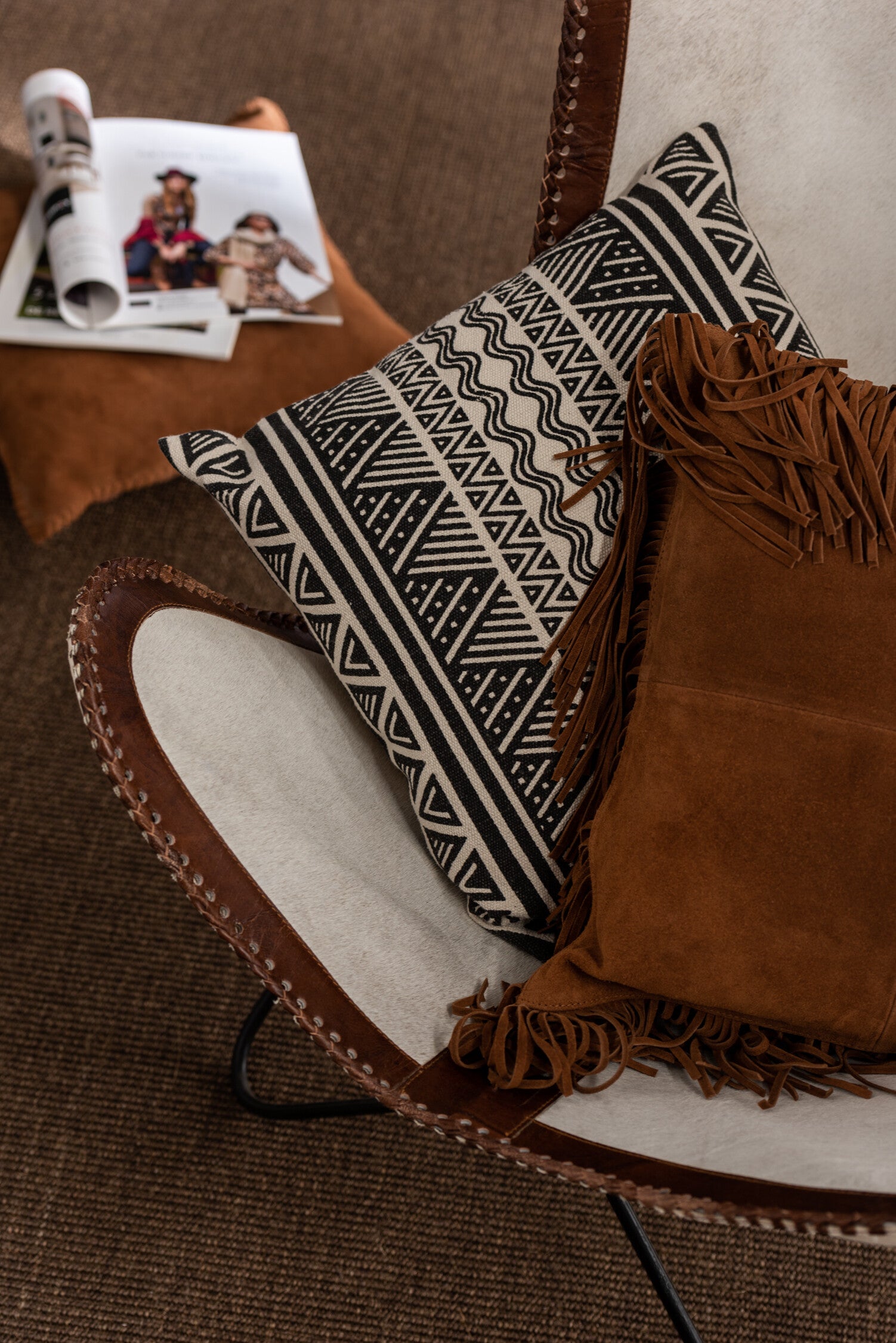 Elegante Lederkissen mit Fransen in Cognac - Exklusive Akzente für Ihr Zuhause