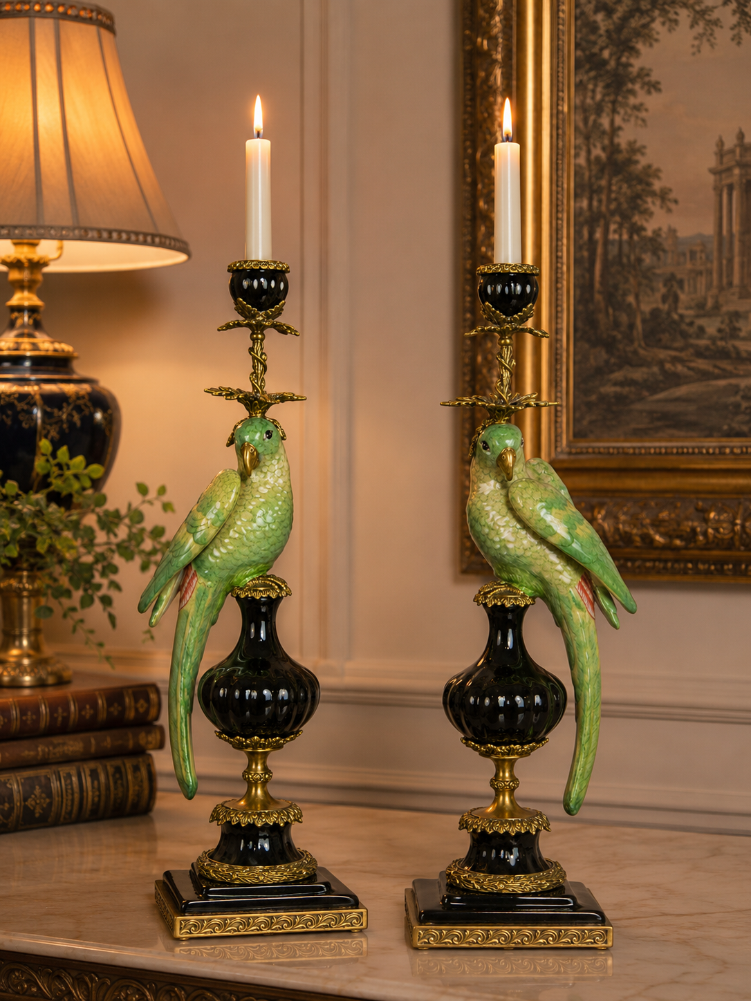 Papageien Kerzenhalter Set Porzellan Bronze Montiert Grün 48cm