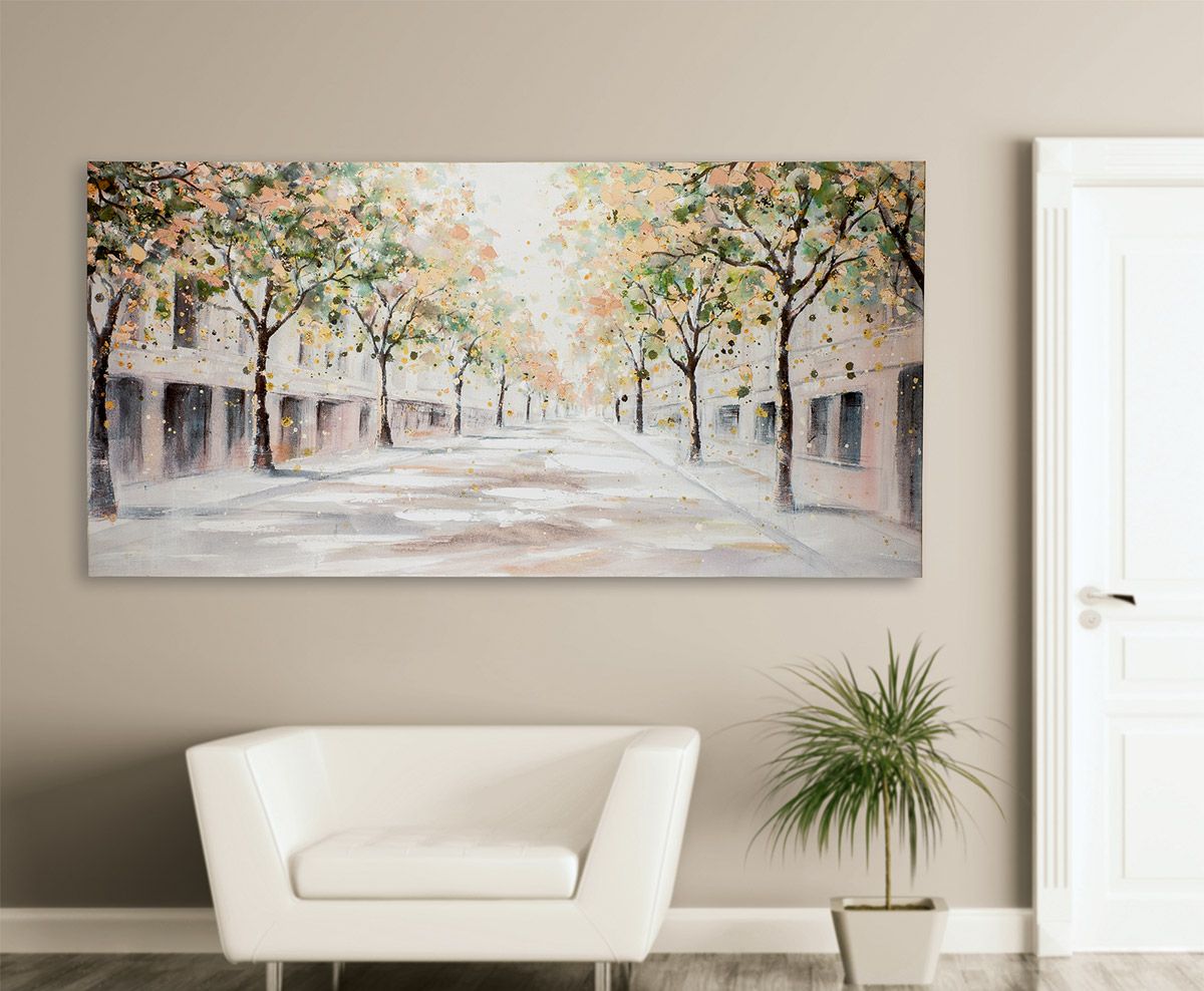 Holz/Leinen Bild La Rambla - Großformatige Wandkunst auf Leinwand, Weiß/Grün/Creme, 140cm x 70cm