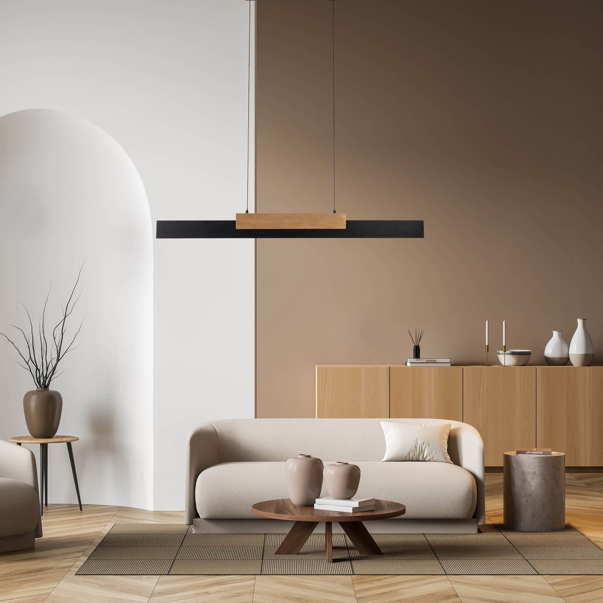 LED Pendelleuchte braun "WIEBKE" besteht aus Metall und Holz (MDF) in Schwarz und Braun. Sie ist ca. 120,5 cm lang, ca. 6 cm breit und bis ca. 150 cm hoch. höhenverstellbar, mit integriertem Leuchtmittel, dimmbar, mit Memory-Effekt