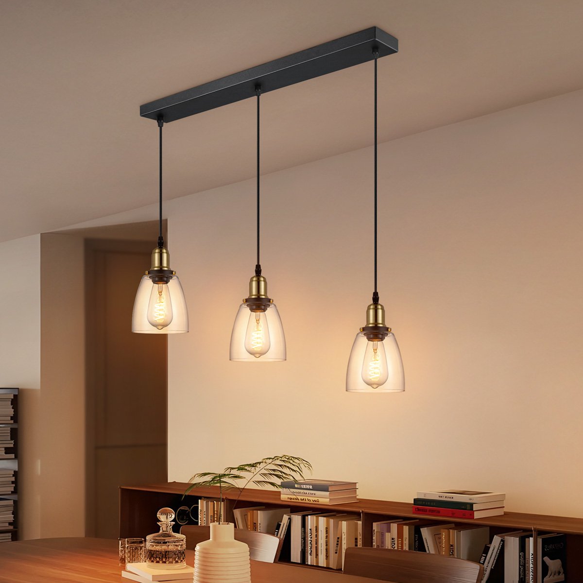 Industrielle Hängelampe mit 3 Glasschirmen Ø65 x 128 cm