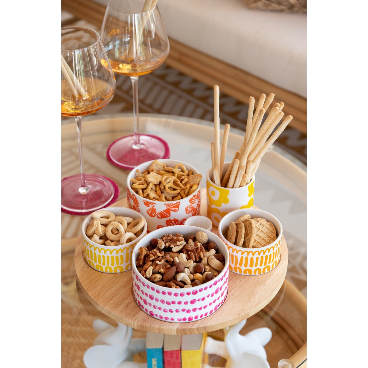 Set mit 6 Aperoschalen + Tablett, Bambusbox, Keramikmischung