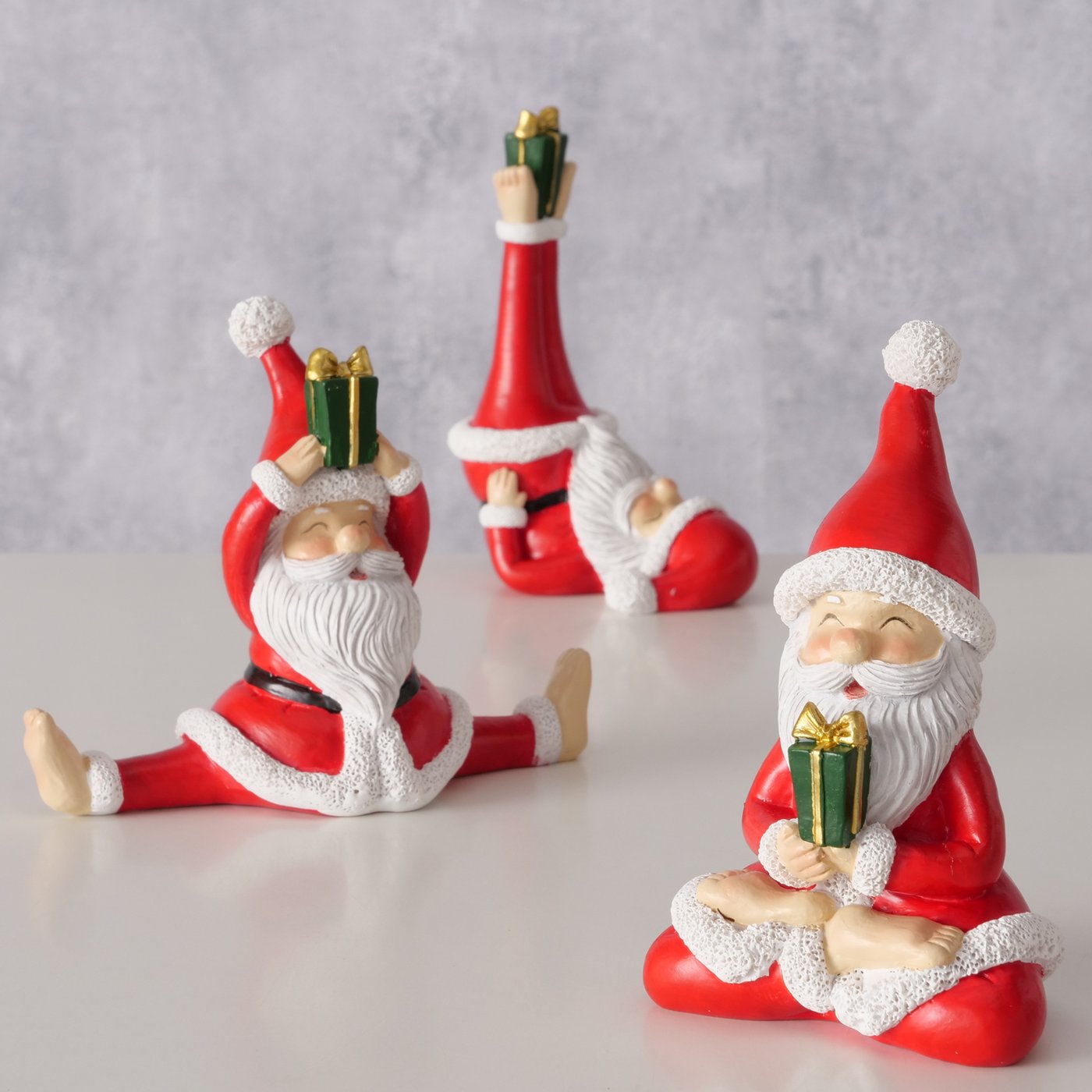 Yoga Santa Weihnachtsmannfigur 3tlg Set Kunstharz Rot Handarbeit Deko