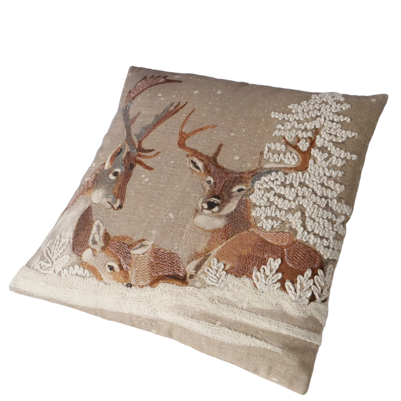 Handwoven sofa cushion Feliz with deer motif - wintery country house design