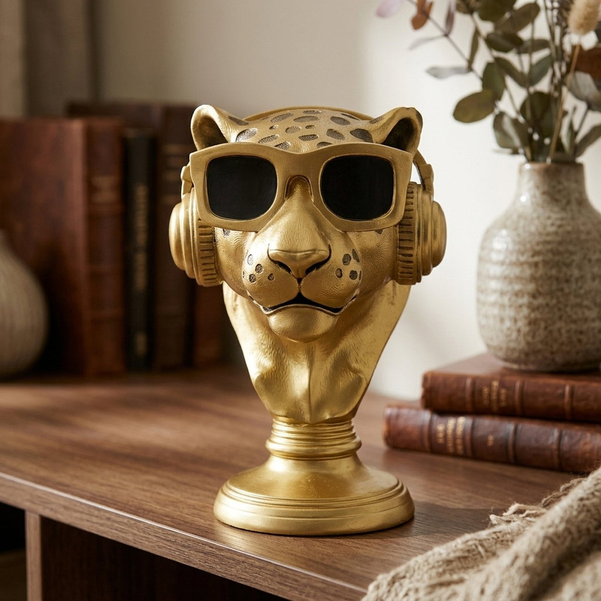 Dekoaufsteller Reilly Leopard mit Kopfhörer und Sonnenbrille gold 30 cm