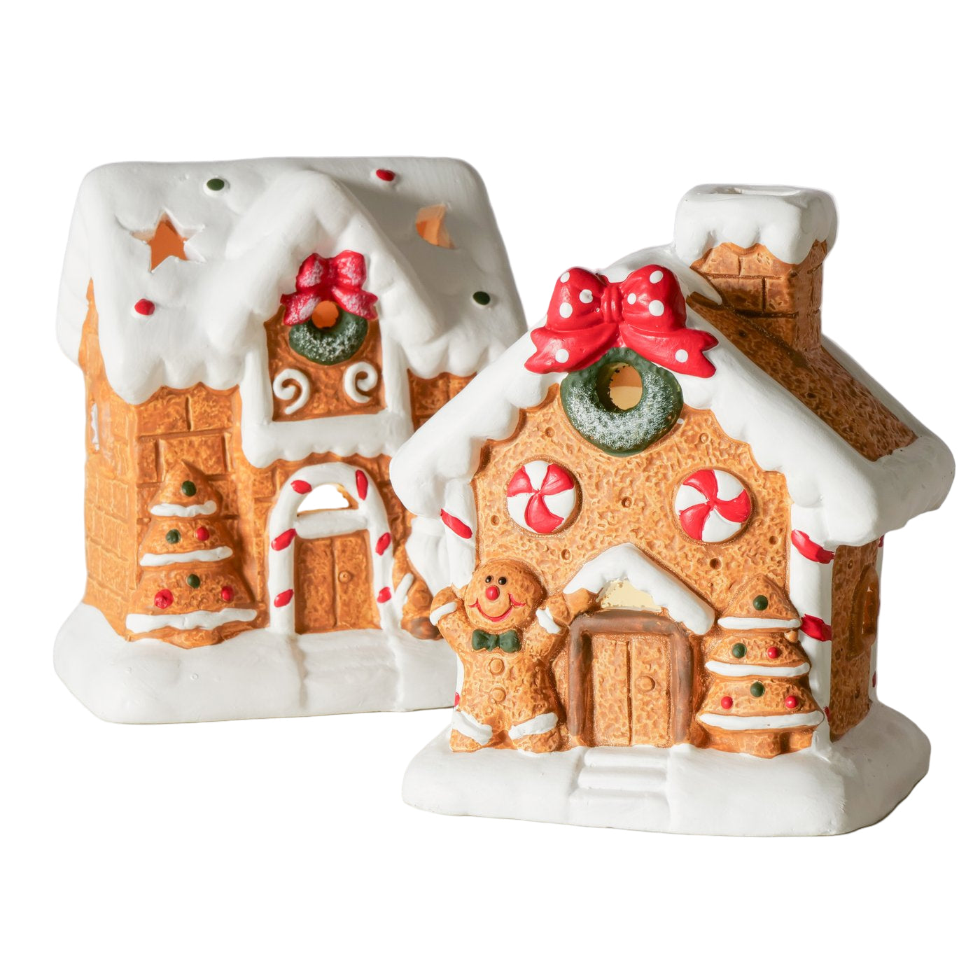 Ginger decorative display stand, set of 2, gingerbread house with LED, hand-painted