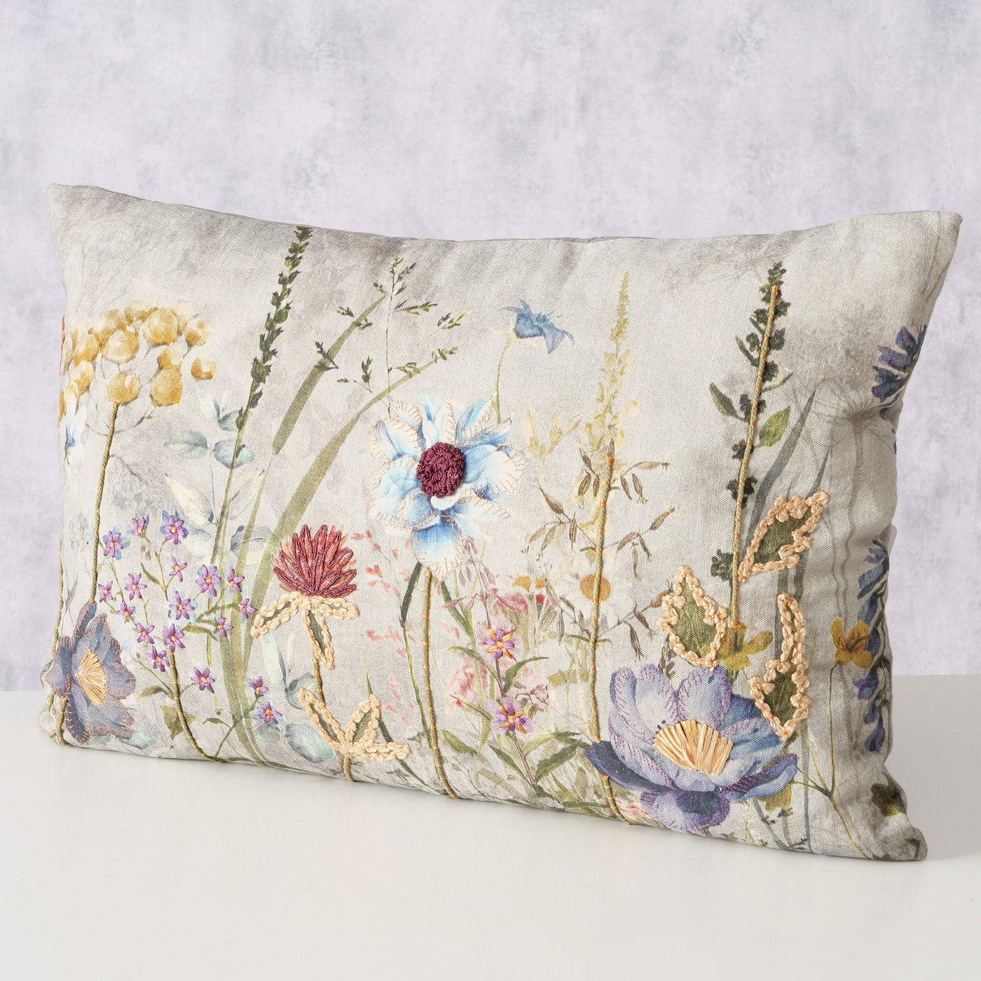 Kissen Blomster Bestickt Floral Baumwolle Beige Bunt 60x40cm