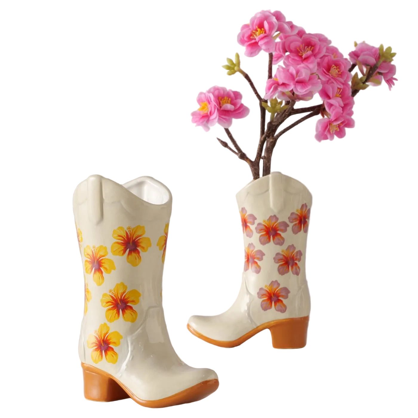 Keramikvasen Set BloomBoots 2er Hibiskus Motiv Cremeweiß Stiefelform