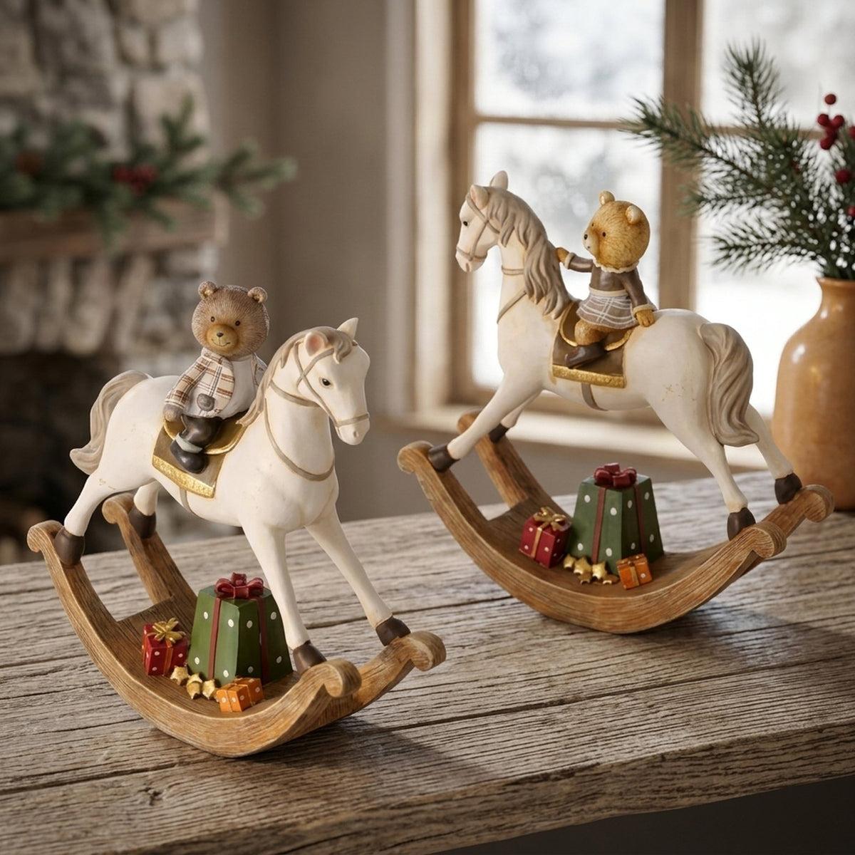 Dekofigur Henry Bär auf Schaukelpferd 2er Set 22 cm