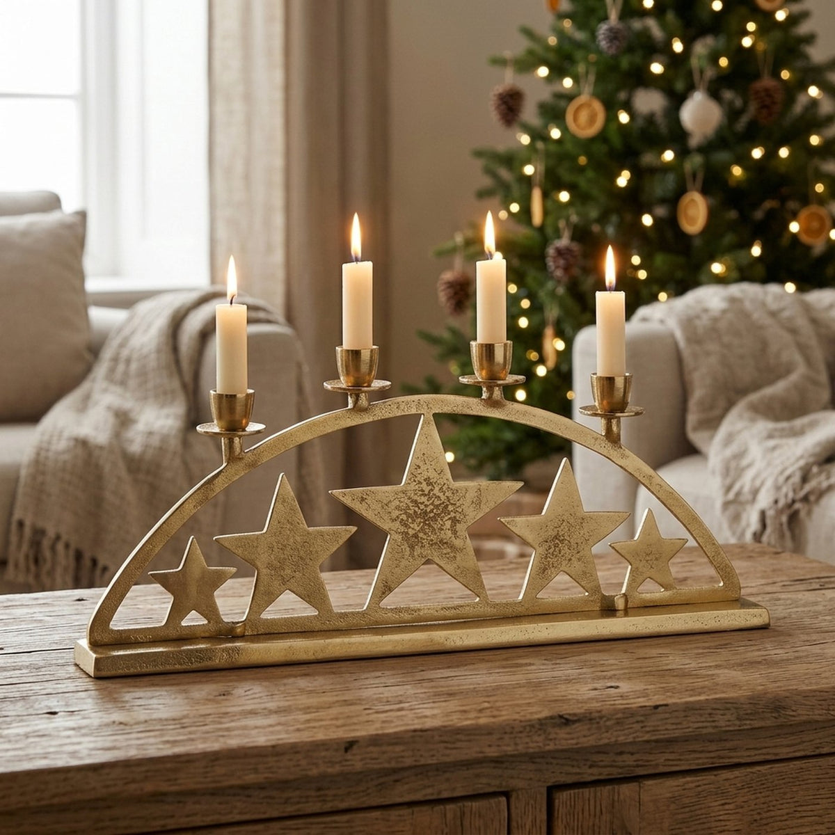 Adventskerzenhalter Sternenglanz Gold mit 5 Sternen 51 cm