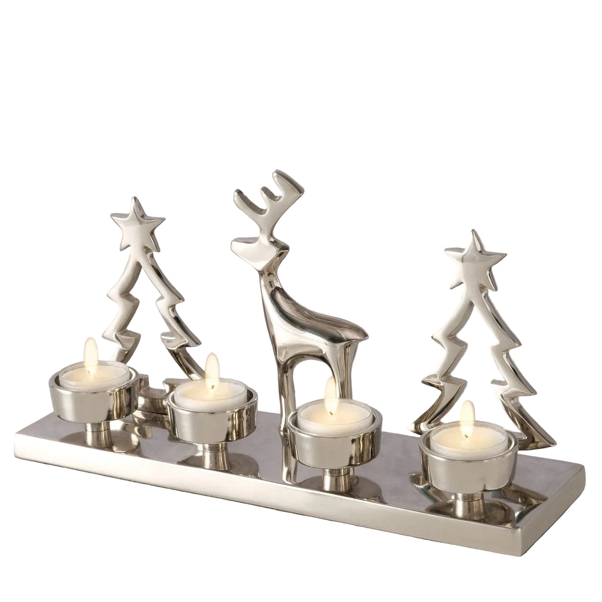 Adventskranz Sternenhirsch Silber mit 4 Teelichthaltern 30 cm