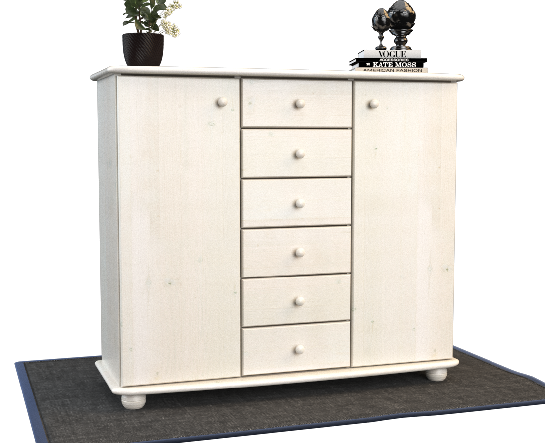 Anika Kommode Sideboard | Anrichte | 2-Türig | 6-Schubladen | 100% Bio Kiefer Massivholz