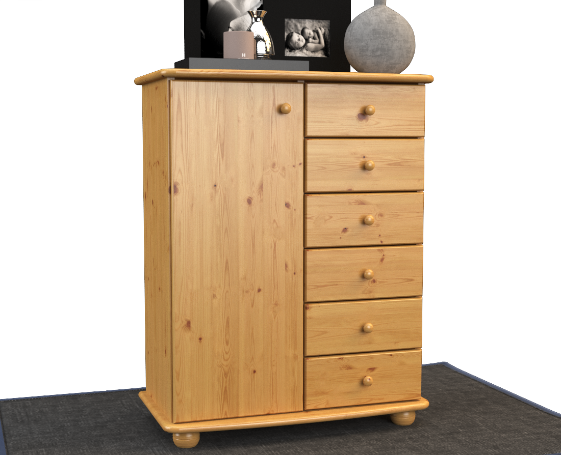 Anika Kommode Sideboard | Anrichte | 6-Schubladen | 1-Türig | 100% Bio Kiefer Massivholz