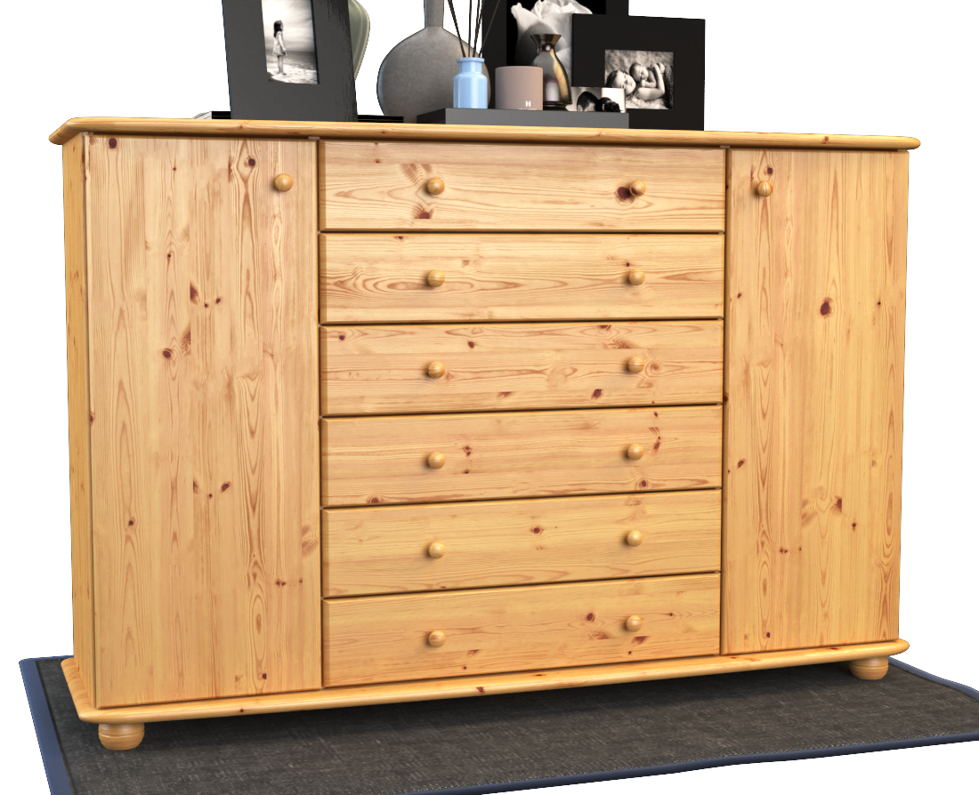 Anika Kommode XL Sideboard | Anrichte | 2-Türig | 6-Schubladen | 100% Bio Kiefer Massivholz