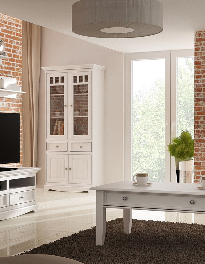 Bologna Elegante Massivholz Kiefer Vitrine 2D | Farbe weiß