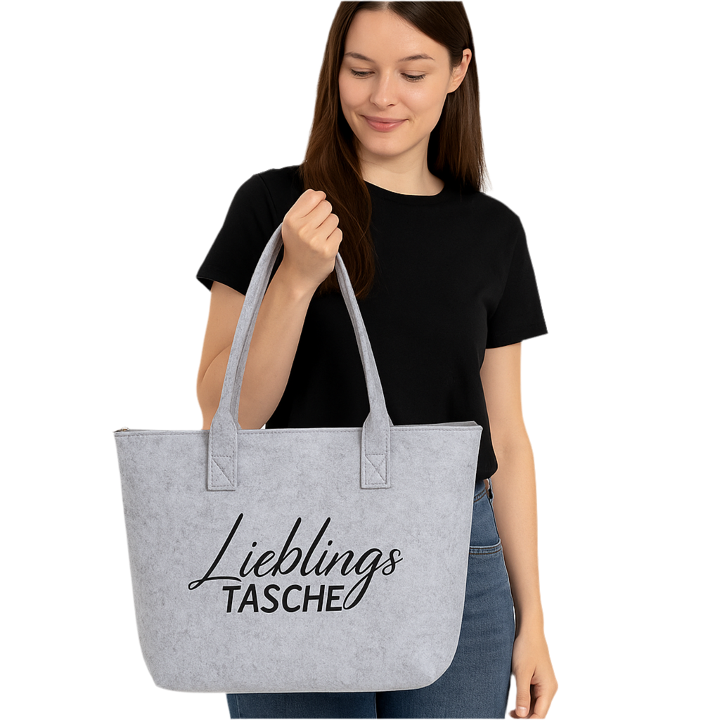Filz Tasche hellgrau mit Reißverschluss und Schriftzug Lieblingstasche 35x45 cm