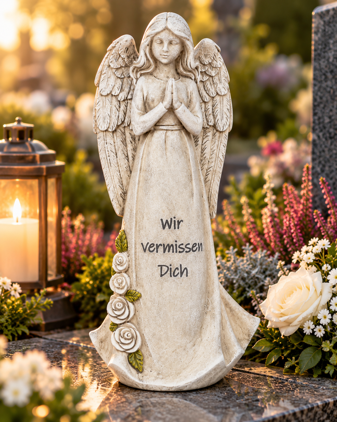 Grave angel with picture frame and tea light holder, heart-shaped, 20.5 x 20 cm, grey with gold cross, memorial figure with inscription