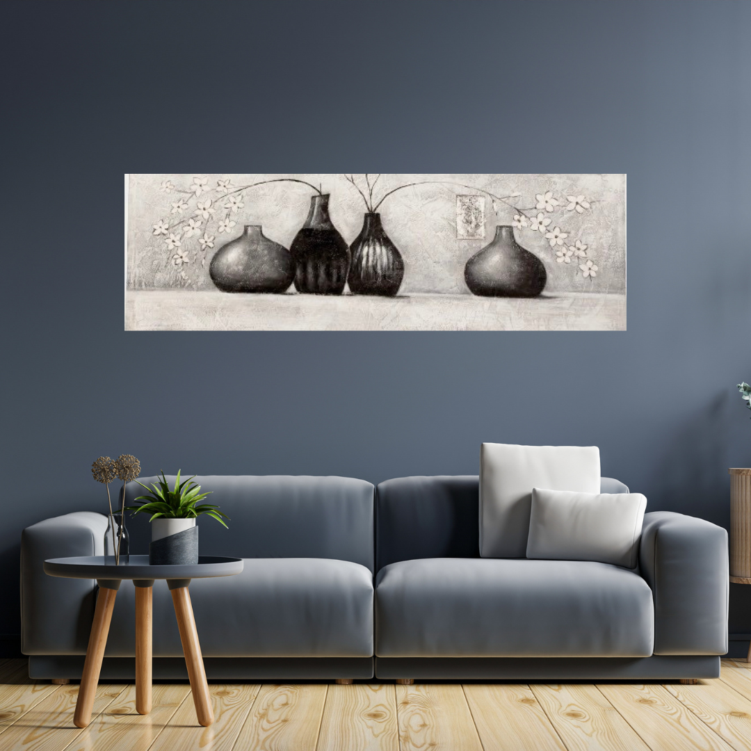 Handbemaltes Wandbild - Graue Vase in Silbertönen - 120x40x3cm aus Holz/Leinwand