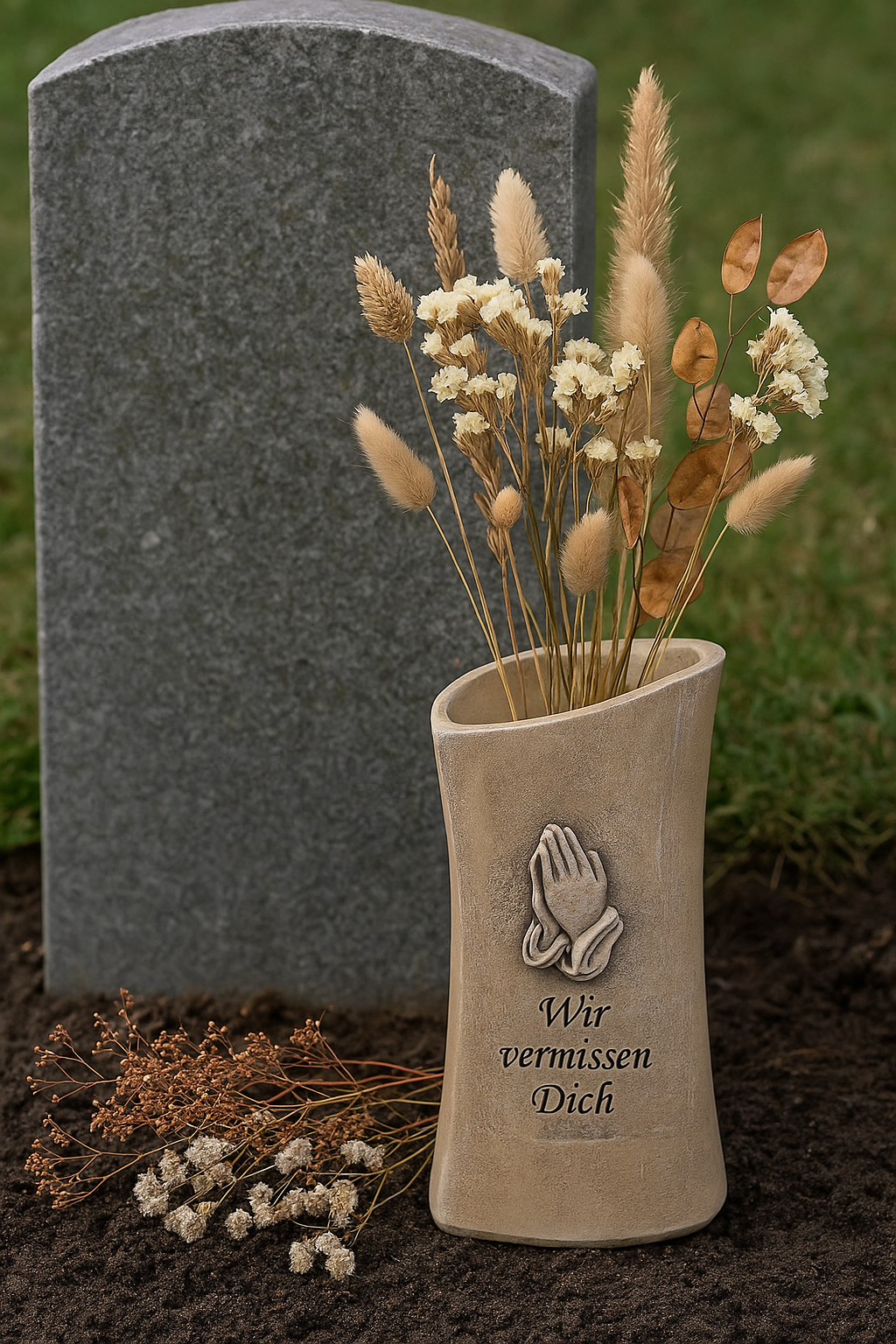 Grabvase Wir vermissen Dich in Herzform aus Polyresin