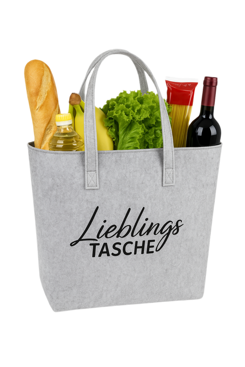 Filz Tasche hellgrau mit Reißverschluss und Schriftzug Lieblingstasche 35x45 cm