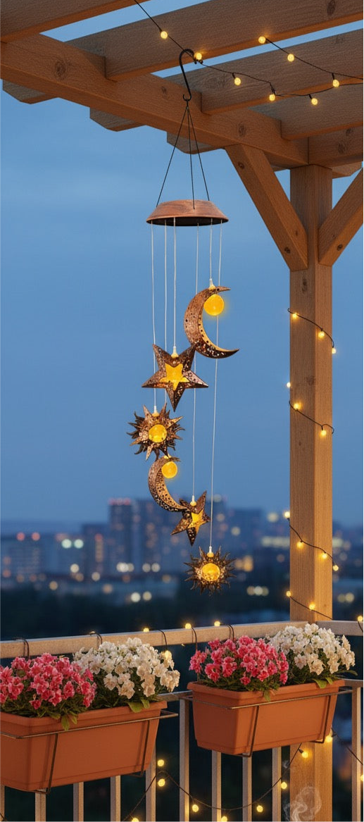 Solarbetriebenes Windspiel mit Sonne, Mond und Sternen - LED-beleuchtet, 84cm