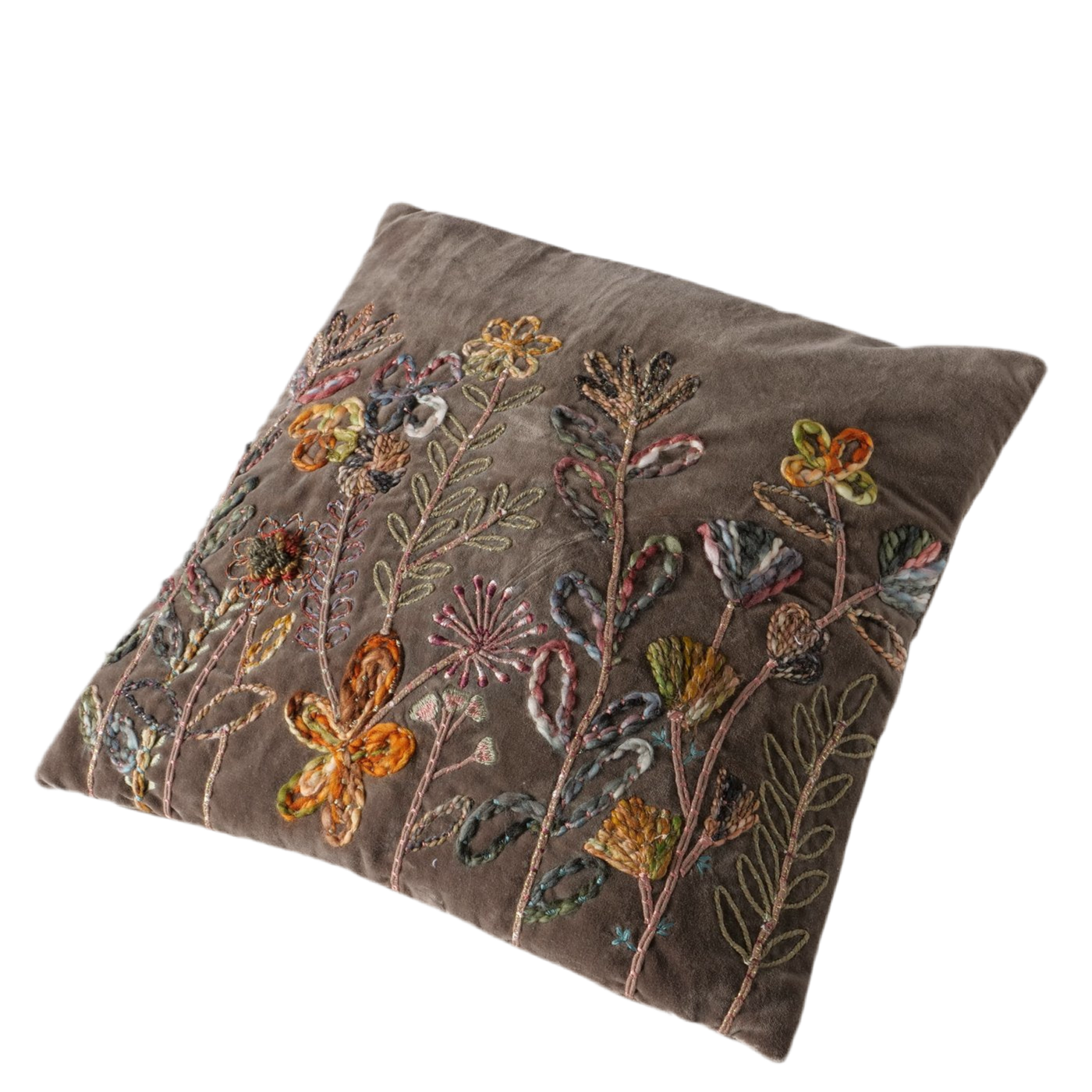 Decoratief kussen Florena Terra 45x45 cm handgeborduurd bruin bloemenmotief