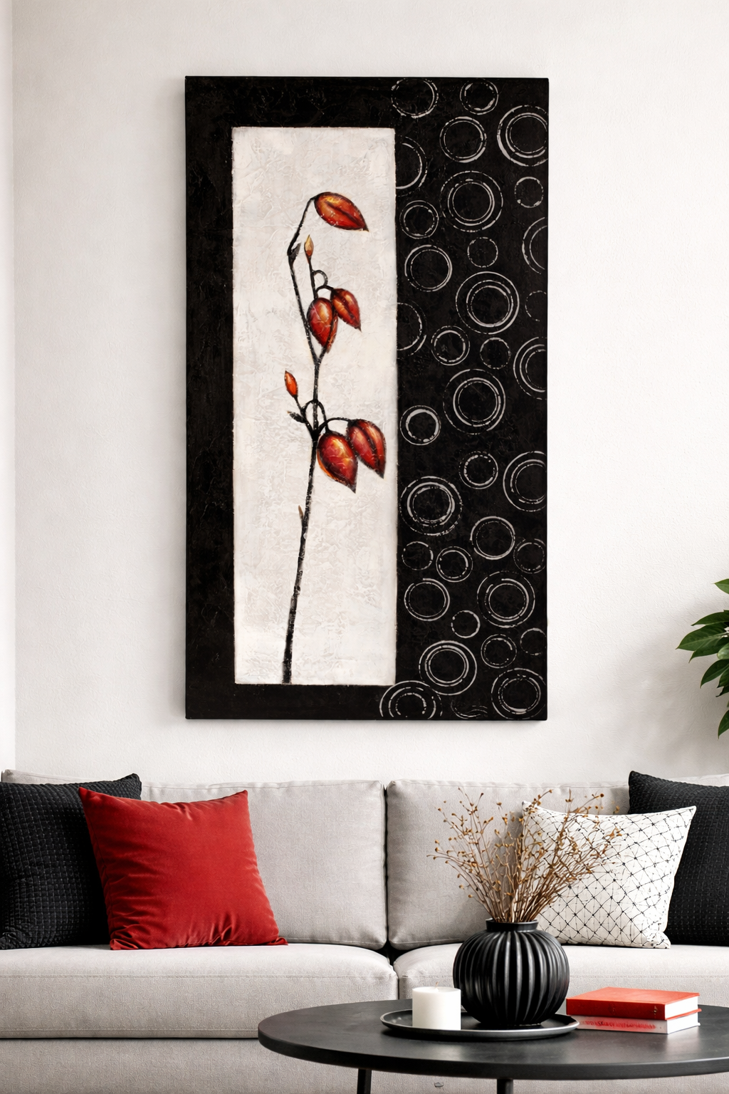 Florale Leinwandkomposition Aurora schwarz weiß rosa 50x100 cm Wandbild