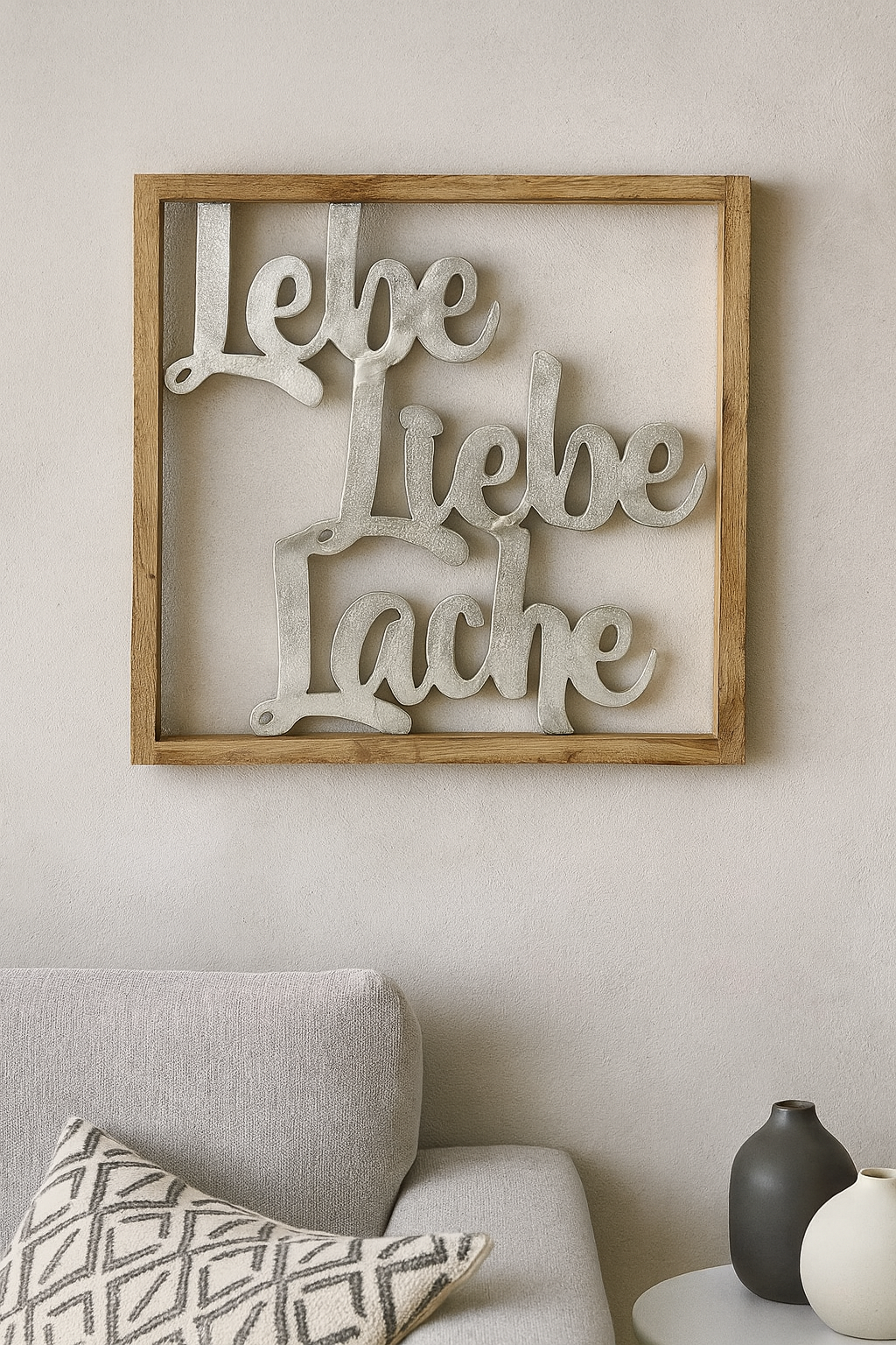 Wandobjekt Seraphina Lebe Liebe Lache quadratisch Mangoholz silberfarben