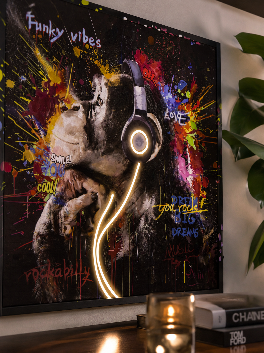 Neon Groove Monkey LED Wandbild mit Kopfhörer 83 x 83 cm