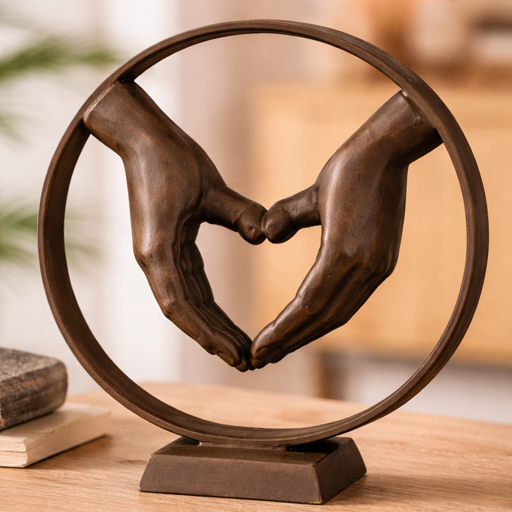 Eisenskulptur Herzhände Rund Braun Cordis Handkreis