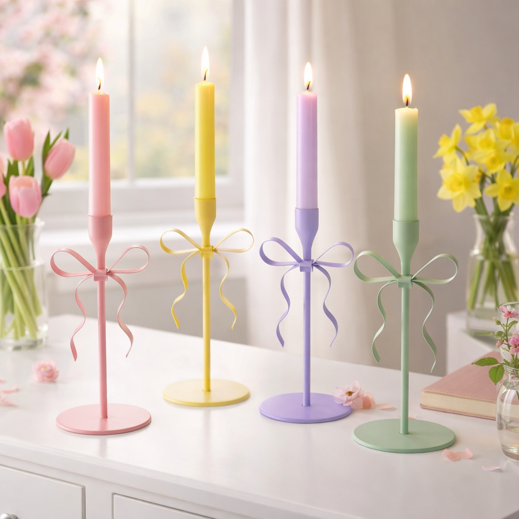 Kerzenleuchter Schleifenzauber 4er Set Metall Gelb Grün Lila Rosa