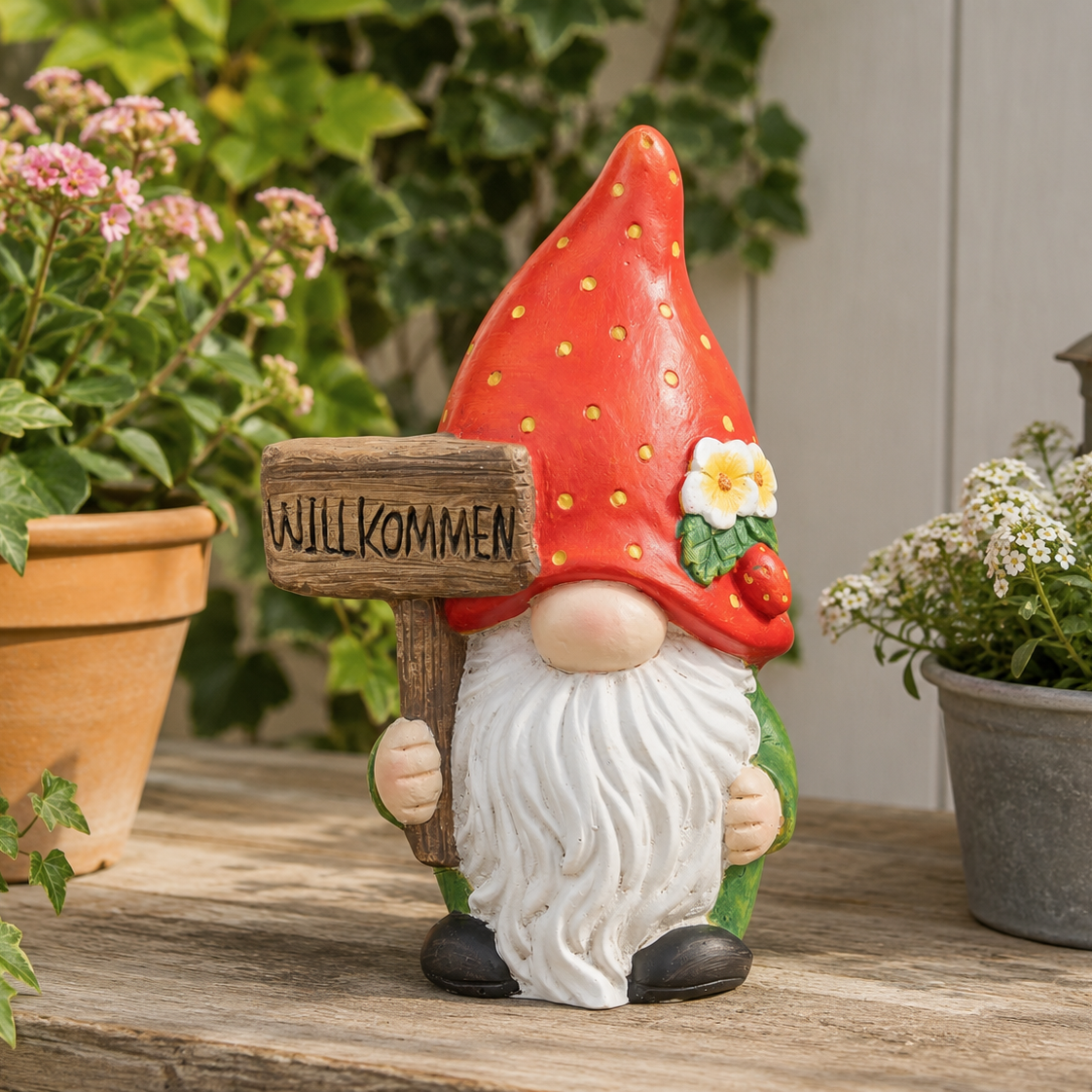Dekofigur Fragolino Wichtel mit Erdbeerhut aus Keramik für Garten und Dekoration