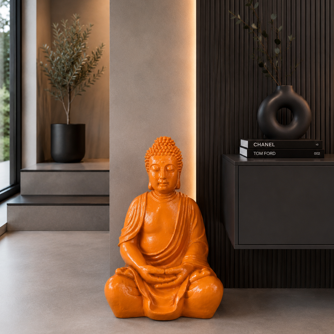 Dekofigur Buddha Shanti Orange für Garten Terrasse Wohnraum