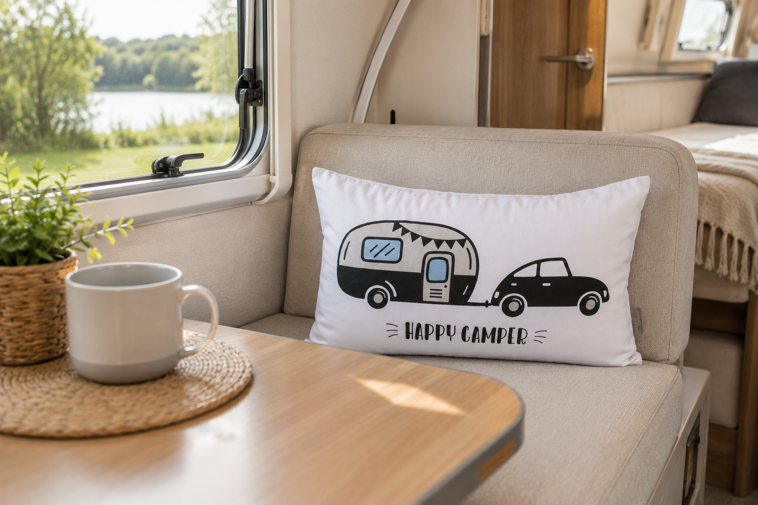 Dekokissen Roadtrip Camper mehrfarbig mit Auto und Wohnwagen Motiv