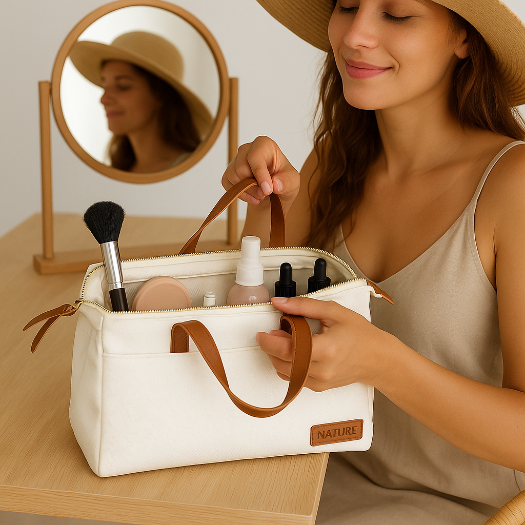 Kosmetiktasche Travel Cremeweiß Braun