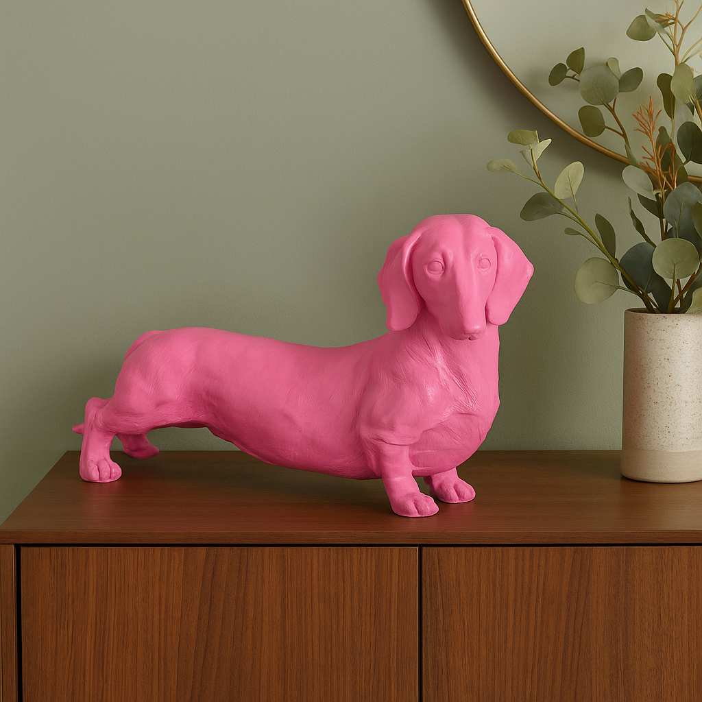 Dekofigur Wuffolino Pinker Dackel Hund Kunstharz Matt 38cm