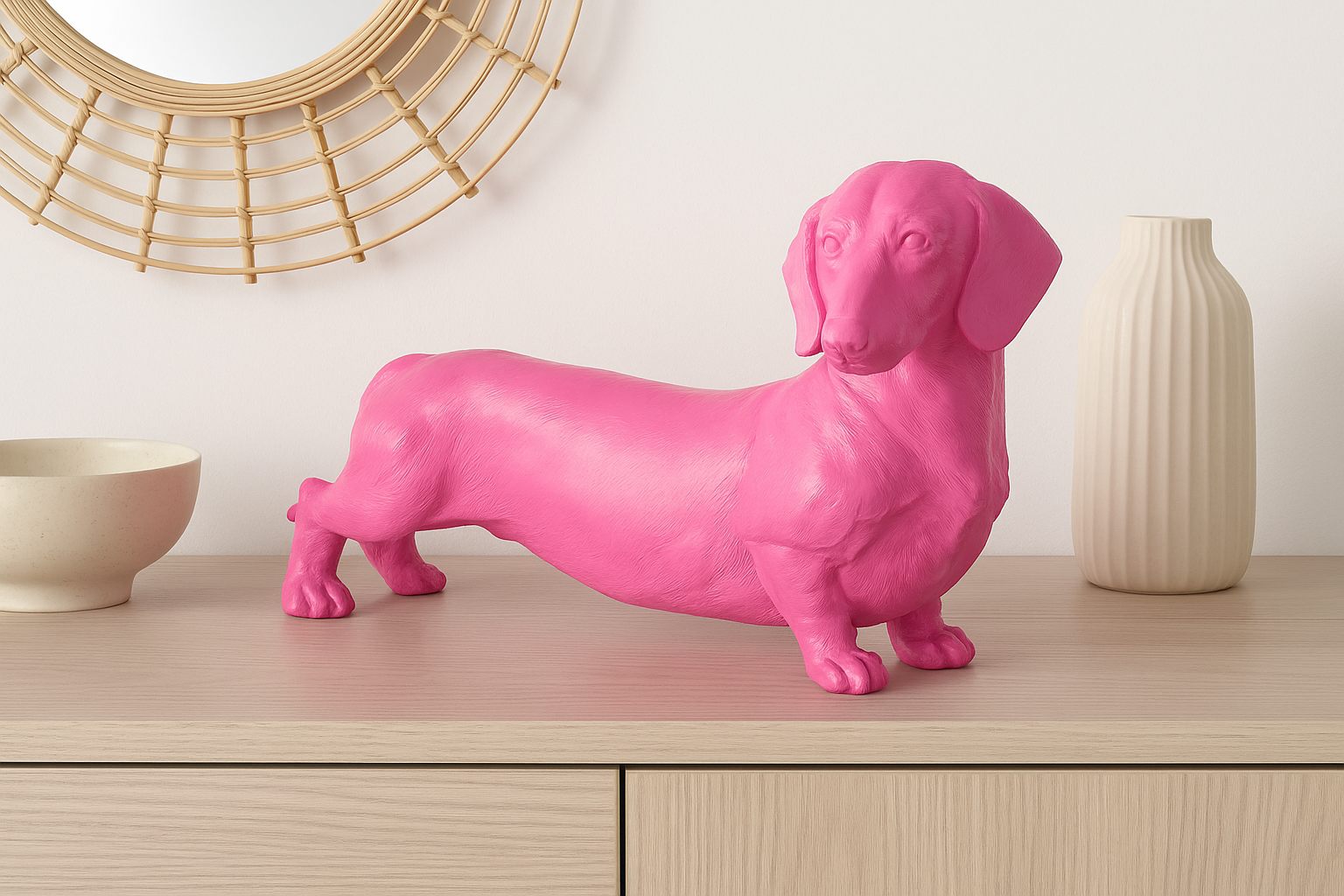 Dekofigur Wuffolino Pinker Dackel Hund Kunstharz Matt 38cm