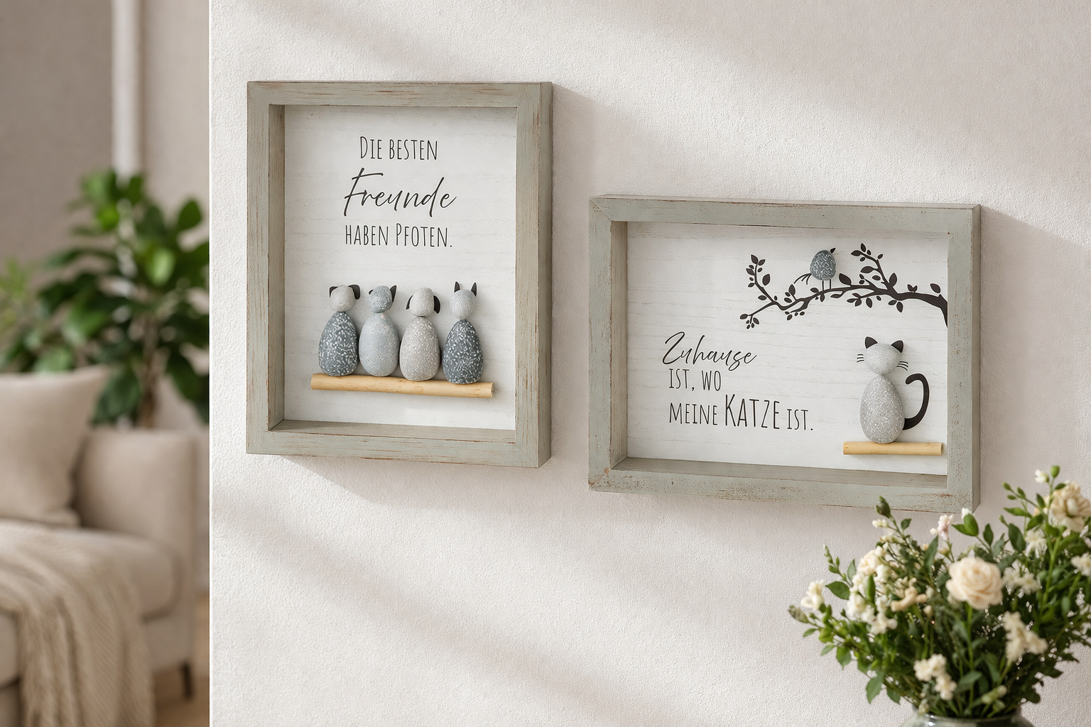Steinbild Pfotenliebe grau im 2er set rechteckig Wanddeko