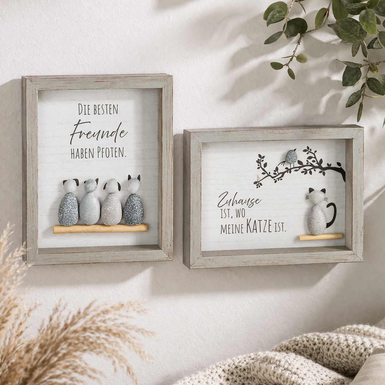 Steinbild Pfotenliebe grau im 2er set rechteckig Wanddeko