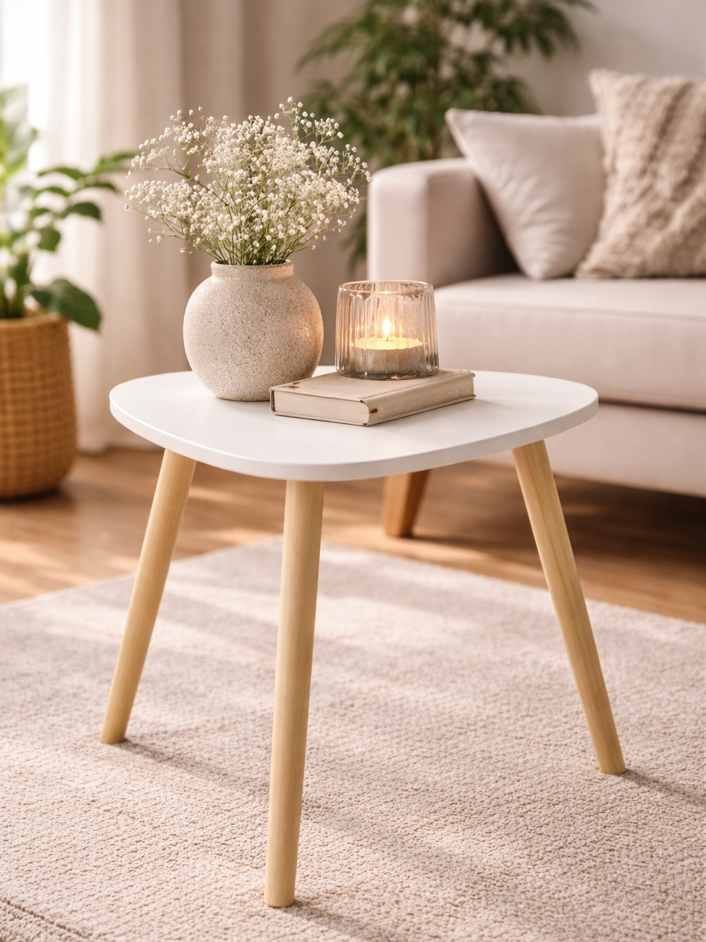 Visby Nordico Beistelltisch Weiß Natur Holz Dreibein Tisch