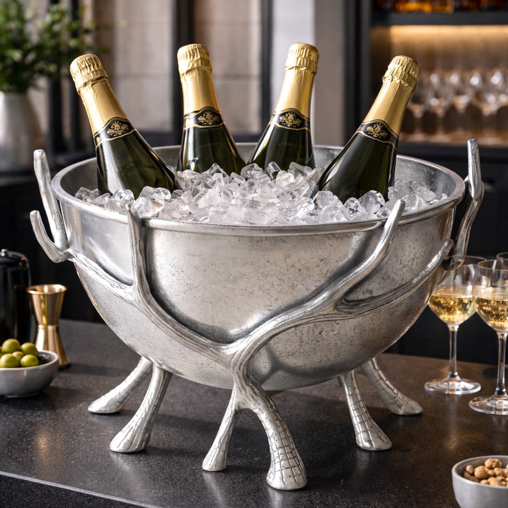 Arvion Hirsch Geweih Flaschenkühler Aluminium Silber Weinkühler 50cm