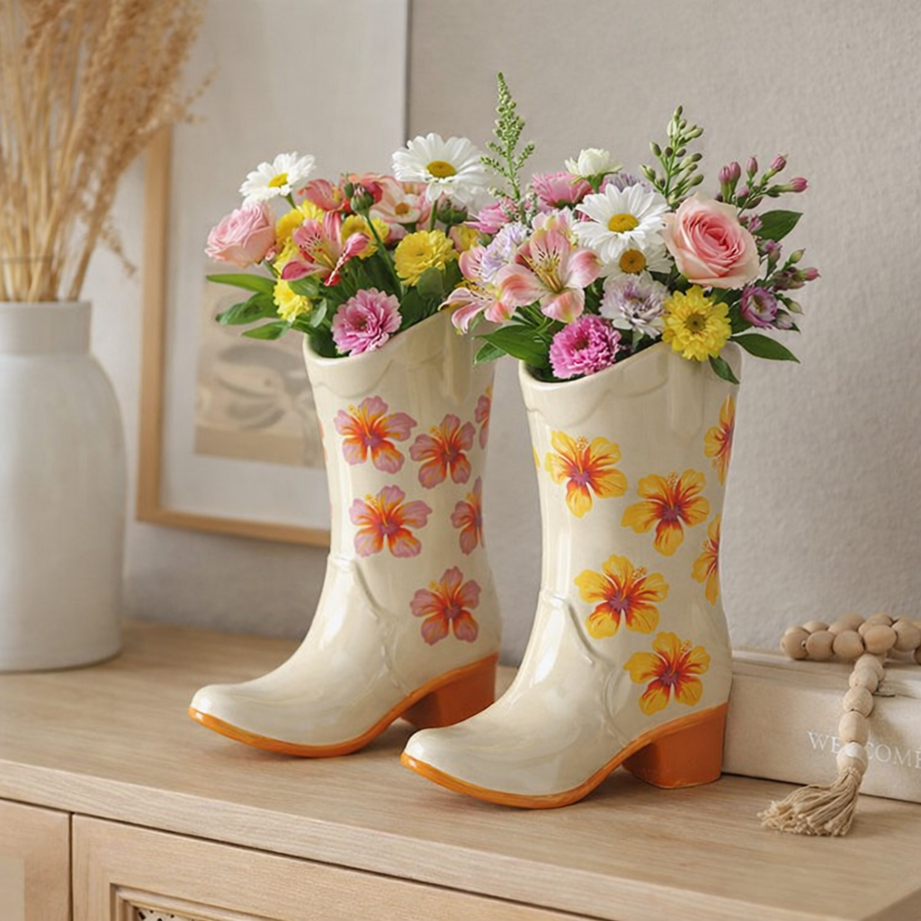 Keramikvasen Set BloomBoots 2er Hibiskus Motiv Cremeweiß Stiefelform