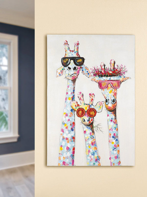 Holz-Leinwandbild 'Giraffen-Coolness' - Farbenfrohe Tierdarstellung