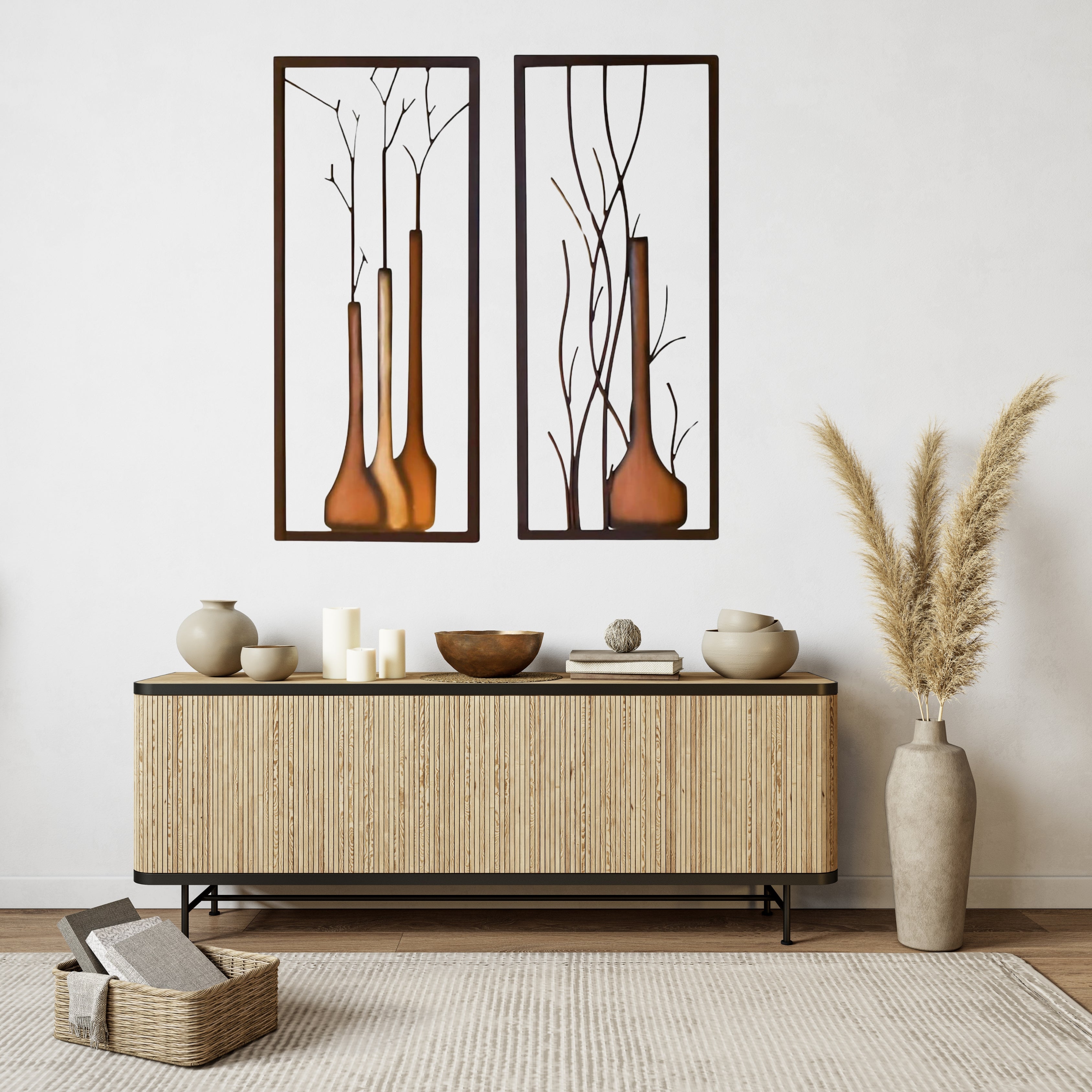Wandafbeeldingen vaas decoratie metalen afbeelding 2-delige set 80 cm zwartbruin