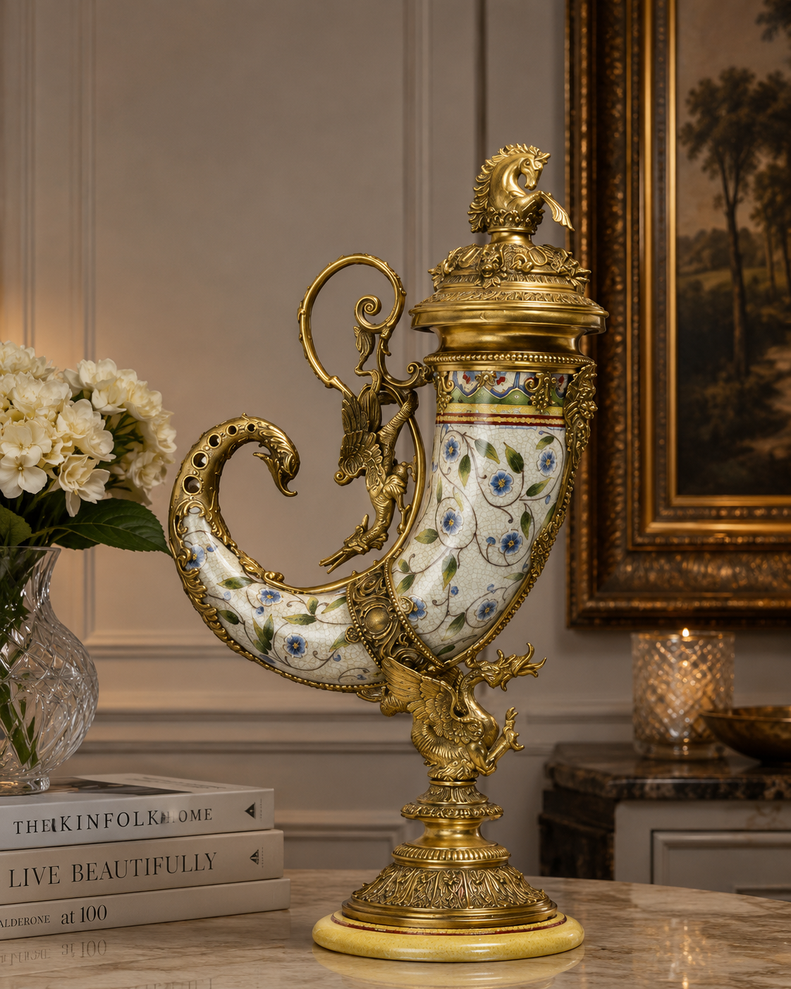 Cornucopia Vase Porzellan Bronze Montiert Antik
