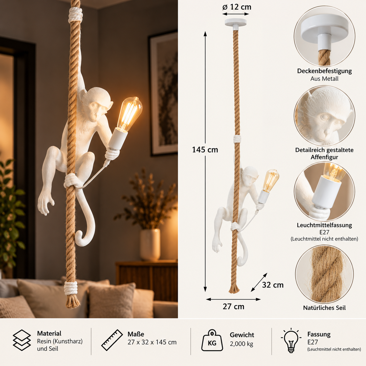 Monkey Hanging Lamp White 145 cm – Resin monkey lamp with cord and E27 socket